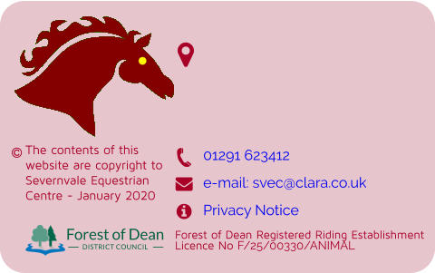 The contents of this website are copyright to Severnvale Equestrian Centre - January 2020    Forest of Dean DISTRICT COUNCIL Forest of Dean Registered Riding Establishment Licence No F/25/00330/ANIMAL      01291 623412 e-mail: svec@clara.co.uk Privacy Notice