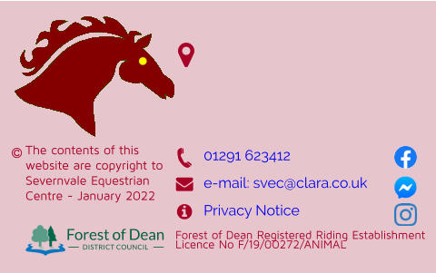 The contents of this website are copyright to Severnvale Equestrian Centre - January 2022    Forest of Dean DISTRICT COUNCIL Forest of Dean Registered Riding Establishment Licence No F/19/00272/ANIMAL        01291 623412 e-mail: svec@clara.co.uk Privacy Notice